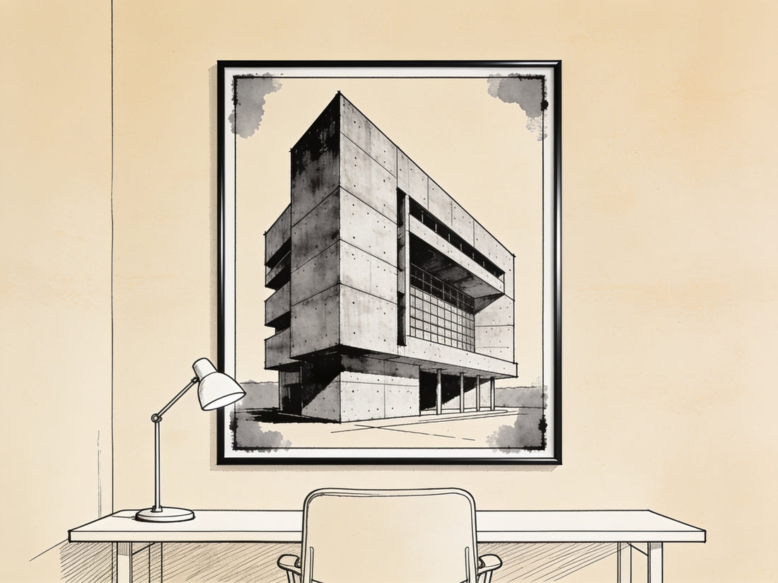 Affiche brutaliste encadrée dans un coin bureau minimaliste, illustration architecture béton